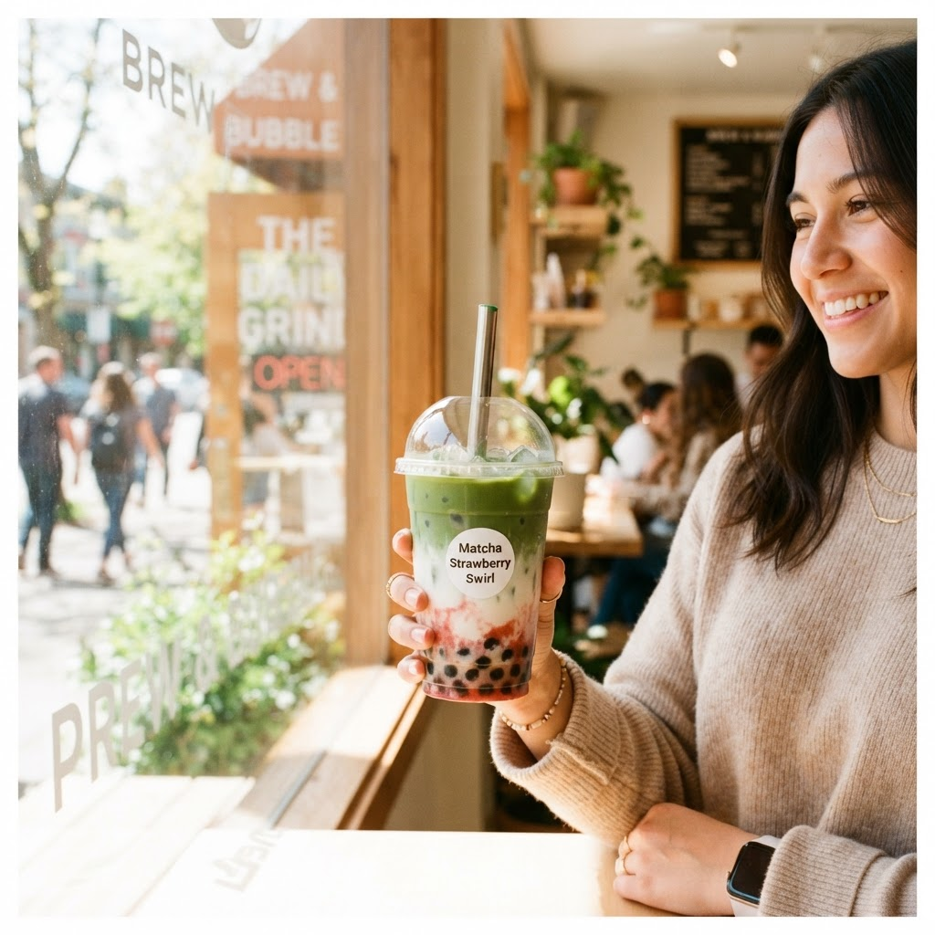 Bubble tea v ruce u okna